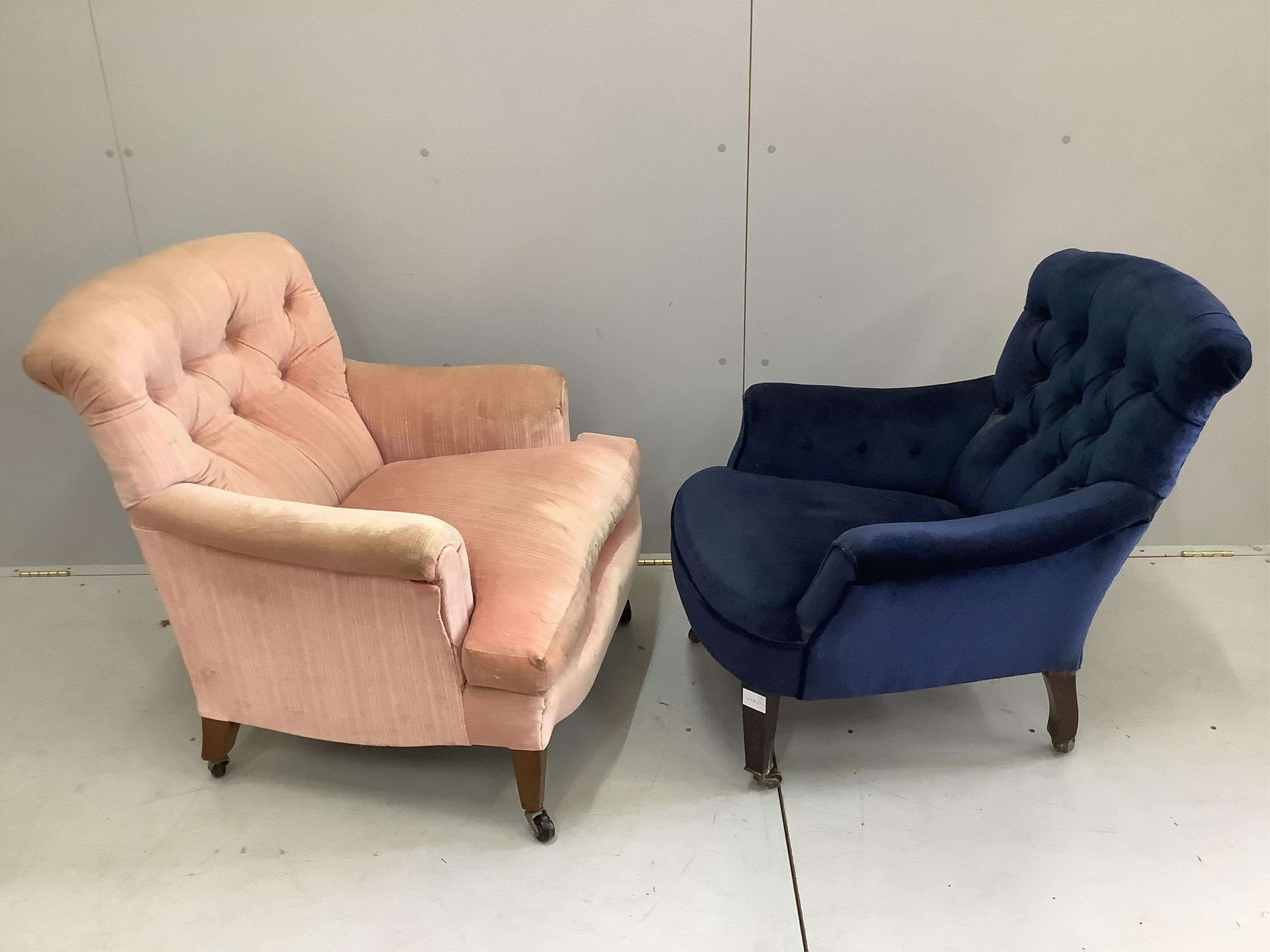 Two Edwardian upholstered buttoned back low seat armchairs, larger width 74cm, depth 64cm, height 80cm. Condition - fair